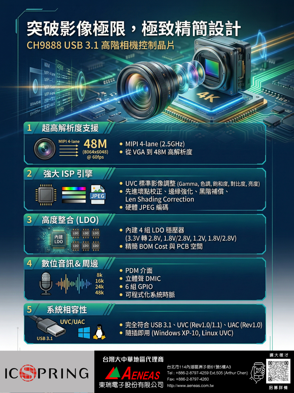 ICSpring CH9888 - USB 3.1 Camera Controller Integrates 48MP MIPI Input, ISP, Hardware JPEG, and Four LDOs.