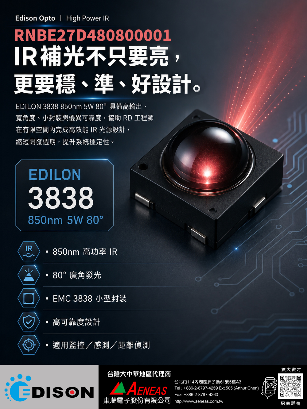 Edison RNBE27D480800001 - Wide-angle illumination with an 80° beam angle, providing broader coverage for surveillance and smart sensing applications.