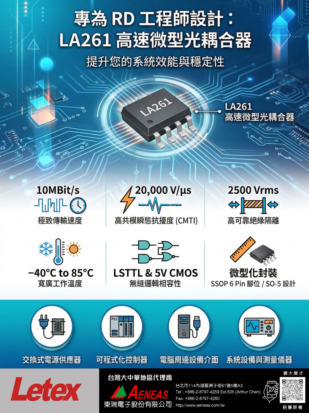 Letex LA261 - 10Mbit/s High-Speed Miniature Optocoupler Delivers 20,000 V/μs CMTI and 2500 Vrms Isolation.